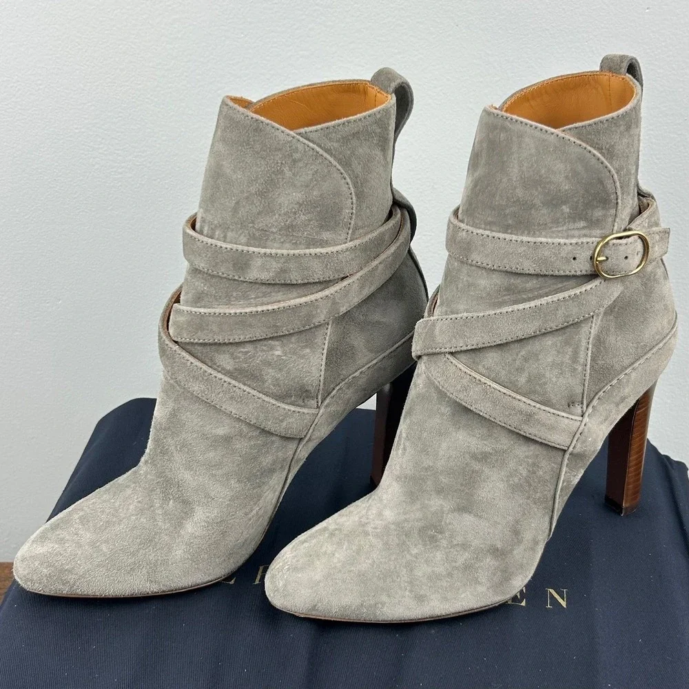 Ralph Lauren Purple Label Grey Suede Strappy Ankle Boots Made in Italy 38B